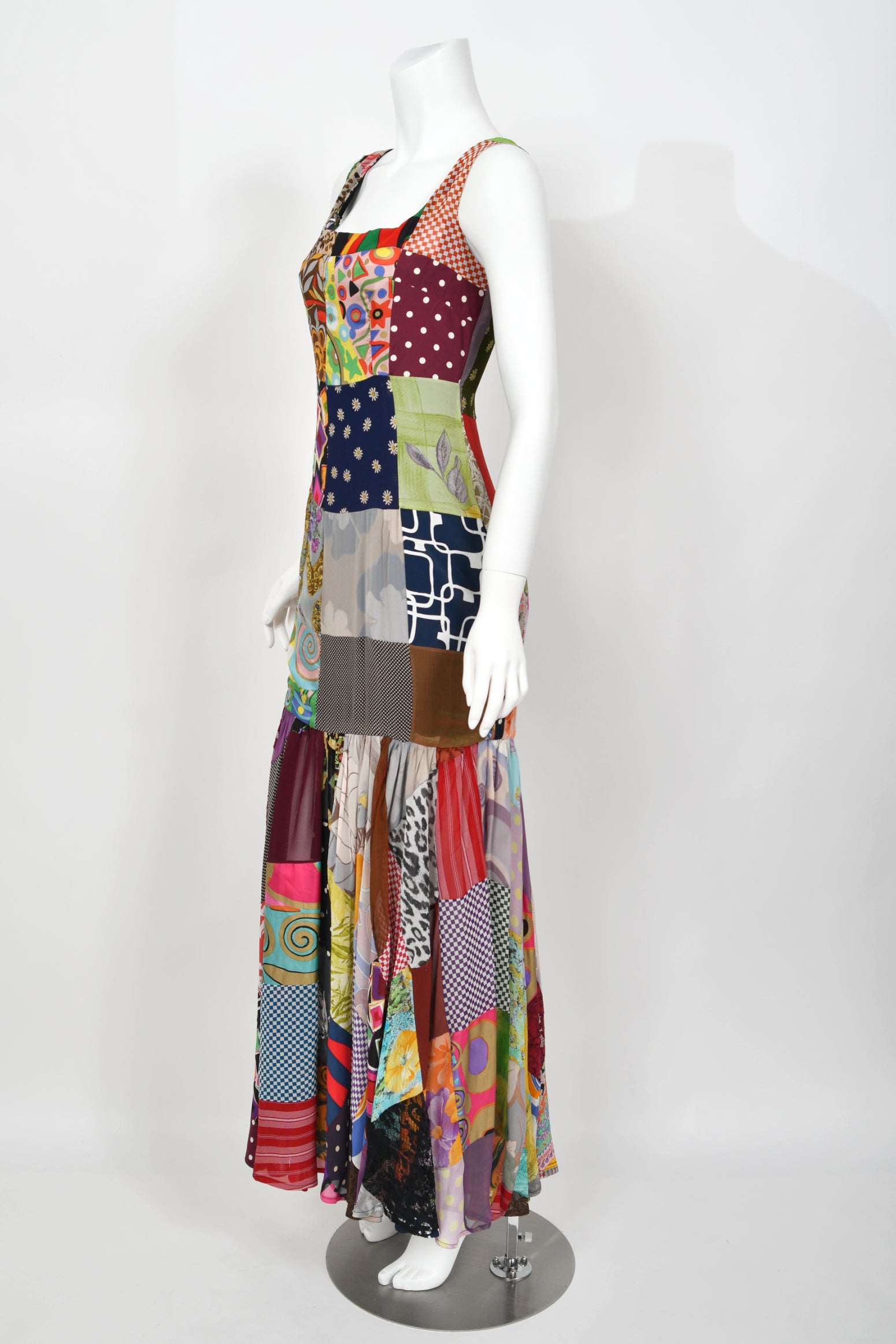 1993 Dolce & Gabbana Colorful Patchwork Silk Hourglass Flounce Gown