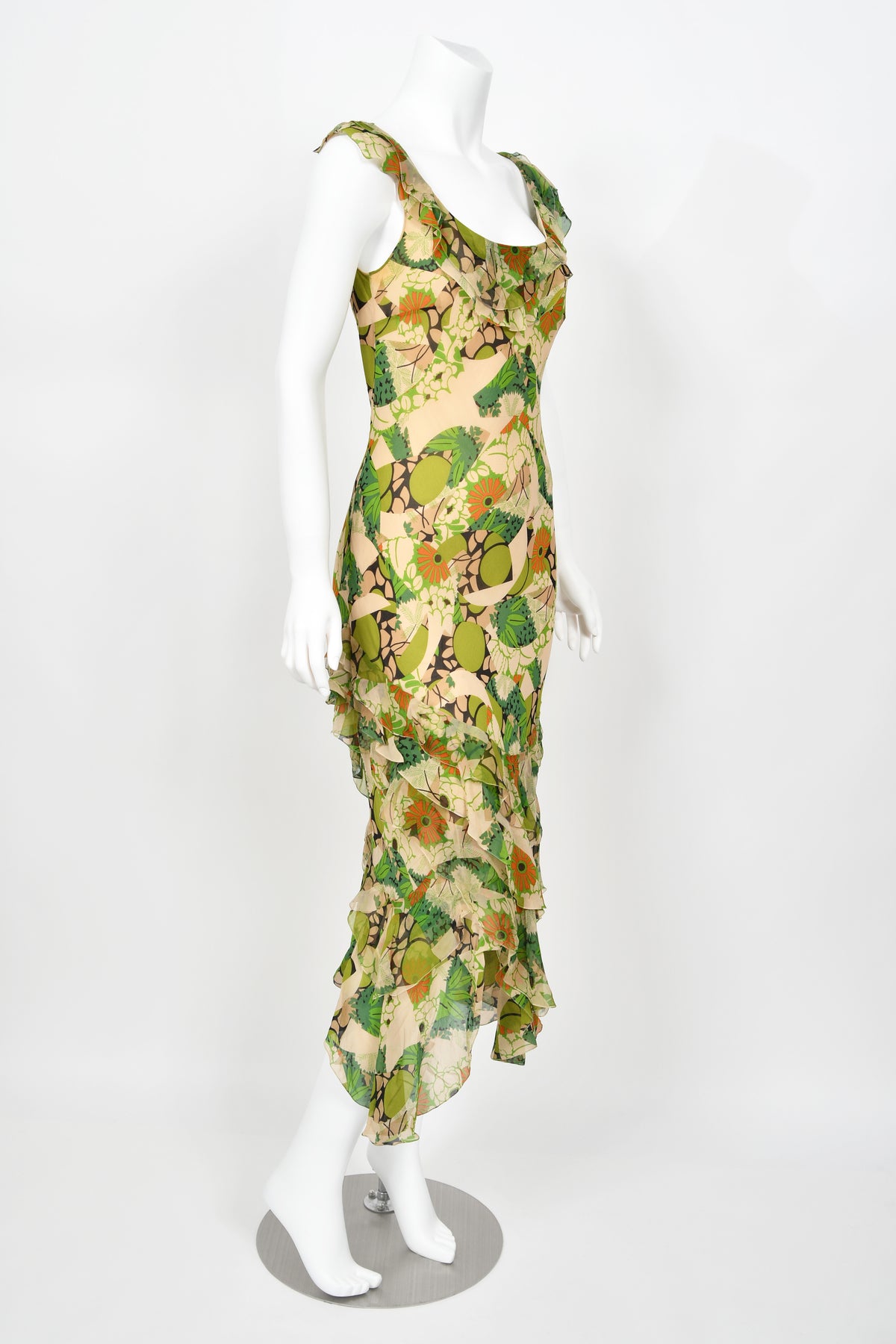 2005 John Galliano Green &amp; Beige Floral Print Silk Tiered Ruffle Bias-Cut Dress
