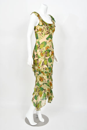 2005 John Galliano Green & Beige Floral Print Silk Tiered Ruffle Bias-Cut Dress