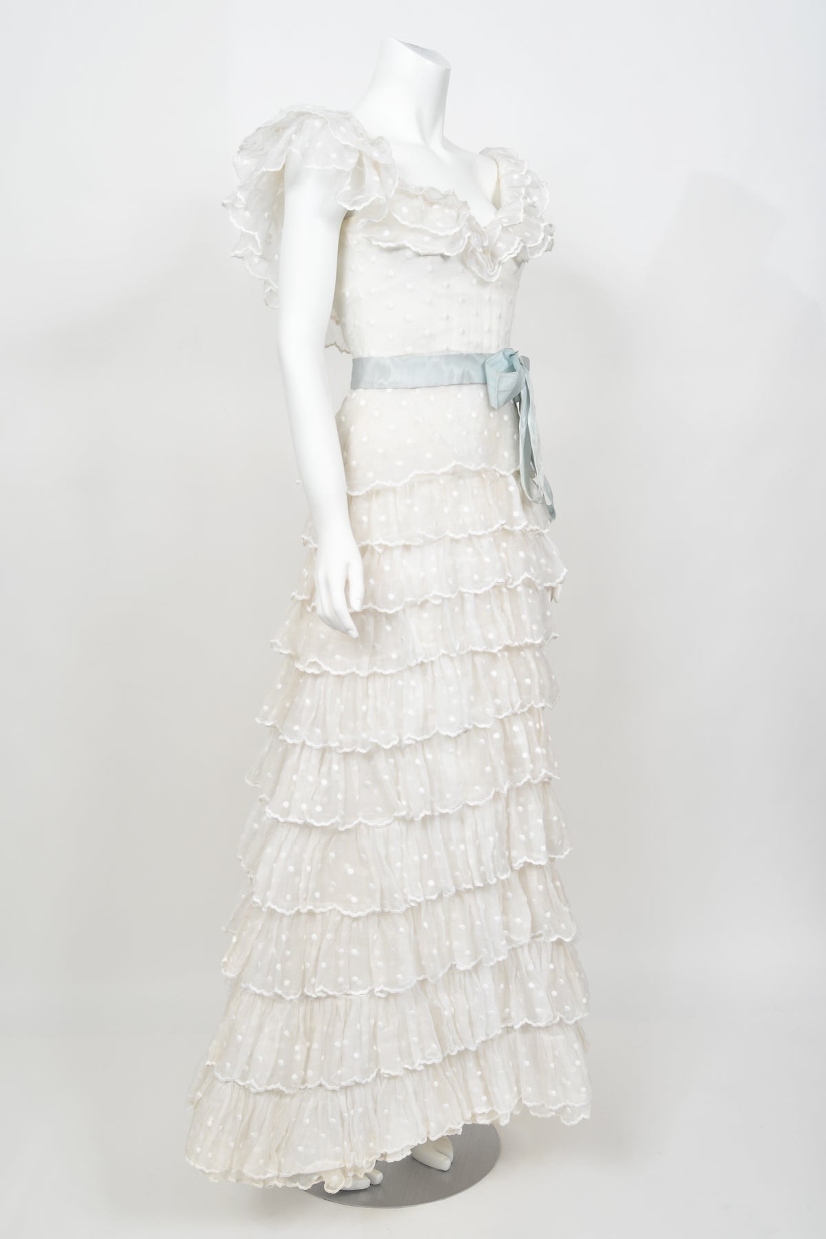 1975 Chanel Haute Couture White Dotted Organza Off-Shoulder Tiered Ruffle Gown