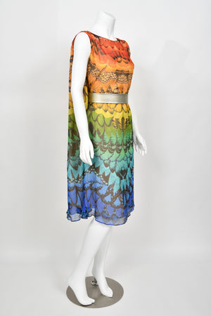 2008 Alexander McQueen Documented Rainbow Butterfly Print Silk Belted Cape Dress