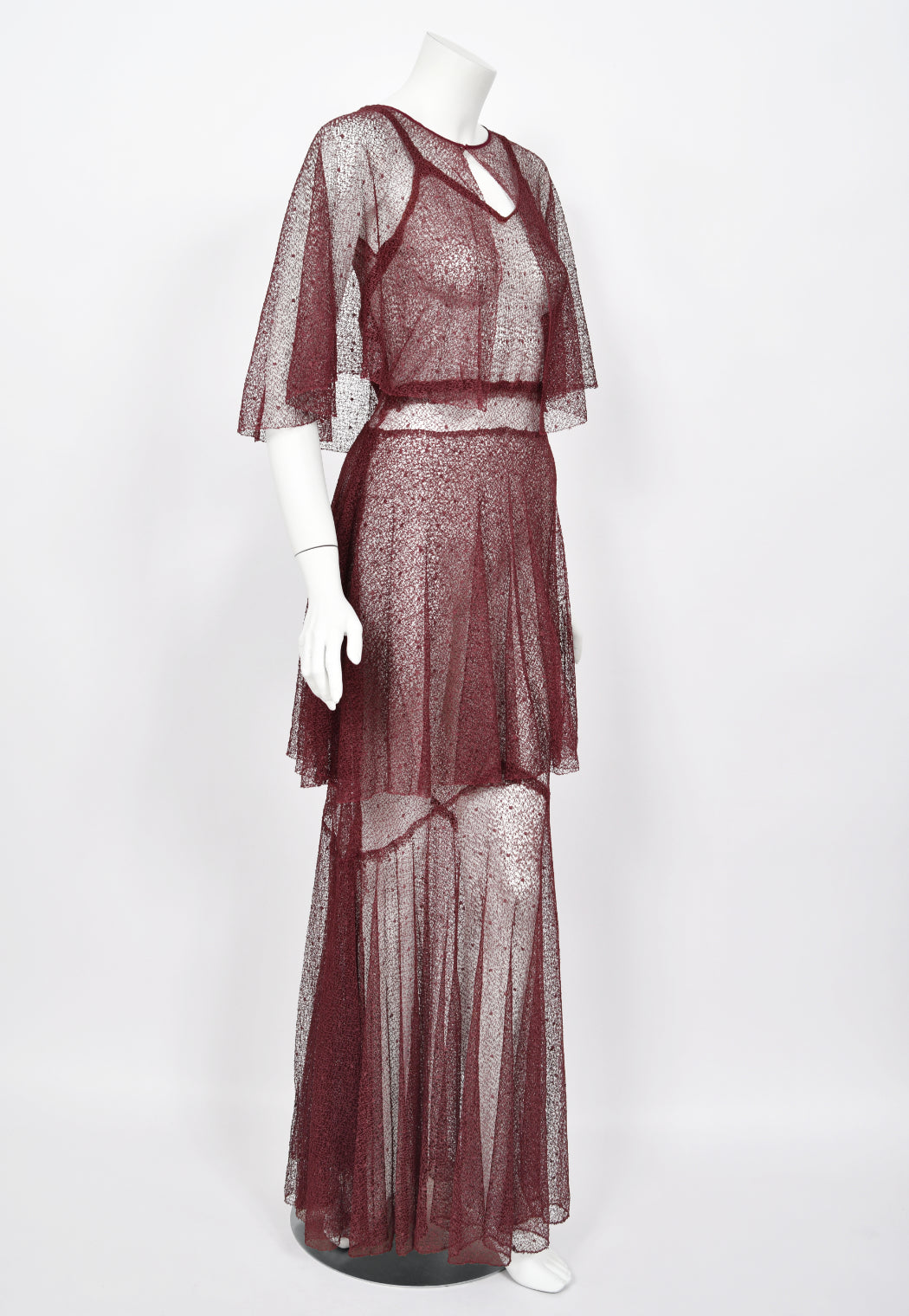 1930's French Sheer Burgundy Lace Tiered Bias-Cut Gown & Matching Capelet