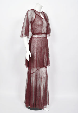 1930's French Sheer Burgundy Lace Tiered Bias-Cut Gown & Matching Capelet