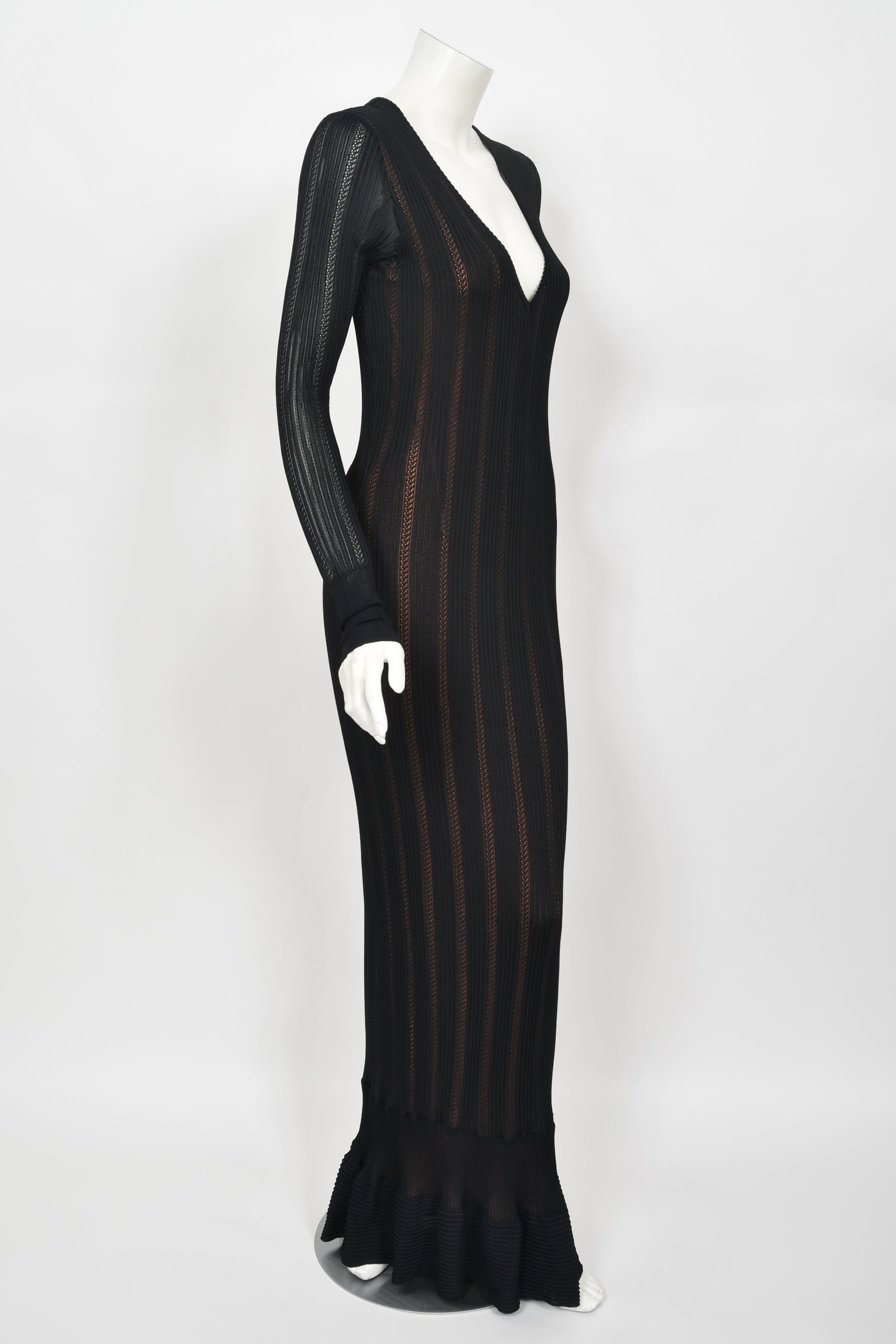 1996 Azzedine Alaïa Black Nude-Illusion Silky Knit Bodycon Floor Length Gown
