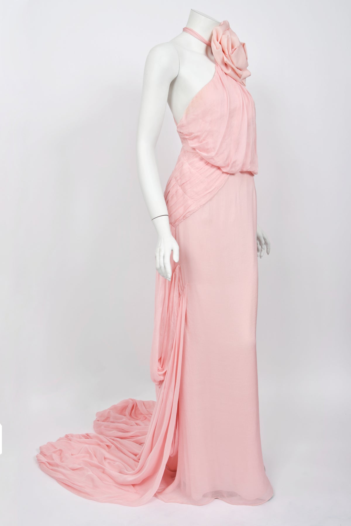 2008 Emanuel Ungaro Runway Blush-Pink Silk Floral Appliqué Trained Gown