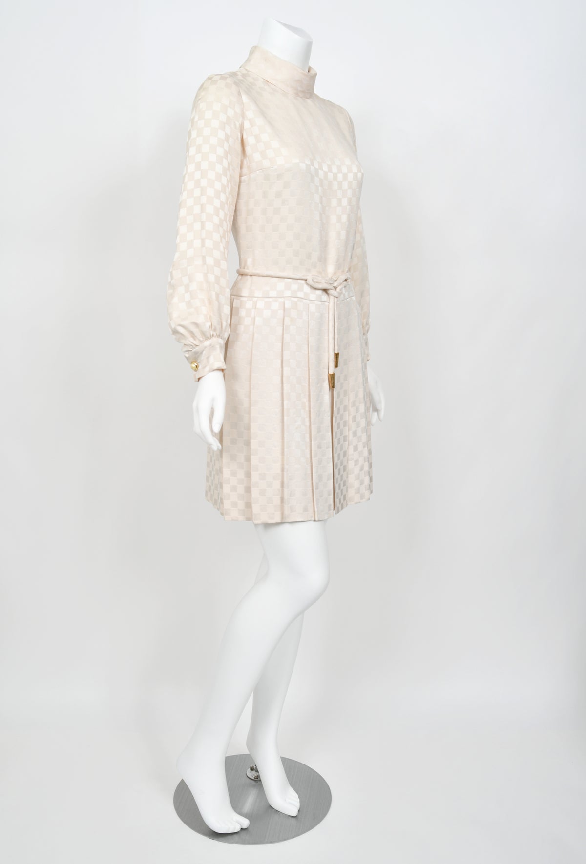 1968 Christian Dior Haute Couture Documented Ivory Checkered Silk Pleated Mini Dress