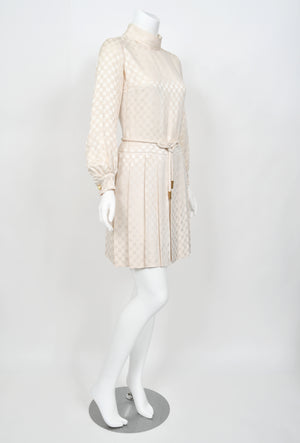 1968 Christian Dior Haute Couture Documented Ivory Checkered Silk Pleated Mini Dress