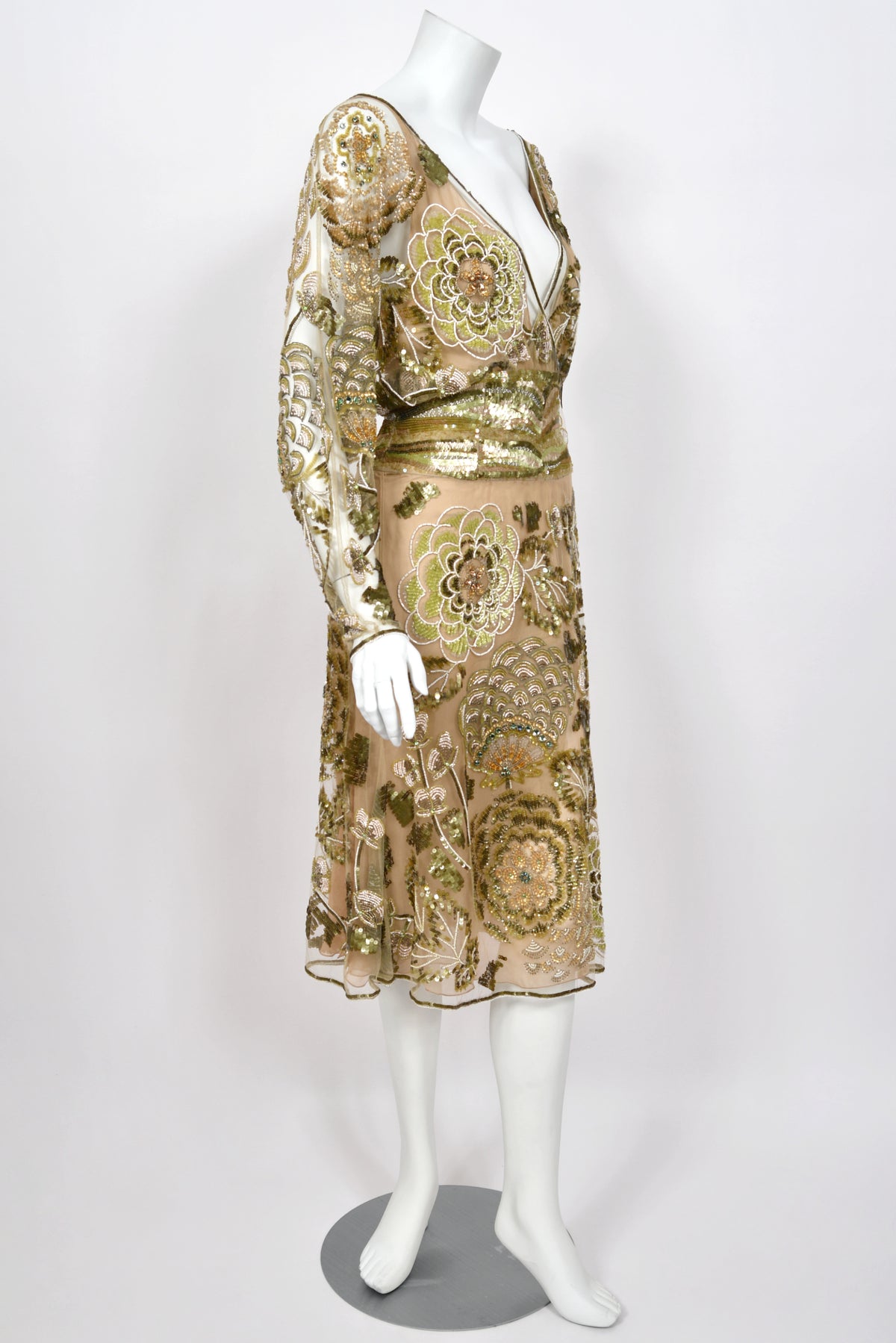 2003 Valentino Runway Heavily Embellished Jeweled Low Cut Nude-Illusion Sheer Net Dress