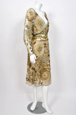 2003 Valentino Runway Heavily Embellished Jeweled Low Cut Nude-Illusion Sheer Net Dress