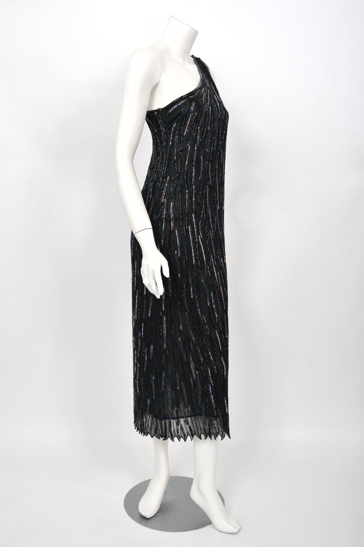 1970&#39;s Halston Couture Iridescent Beaded Black Silk One-Shoulder Dress