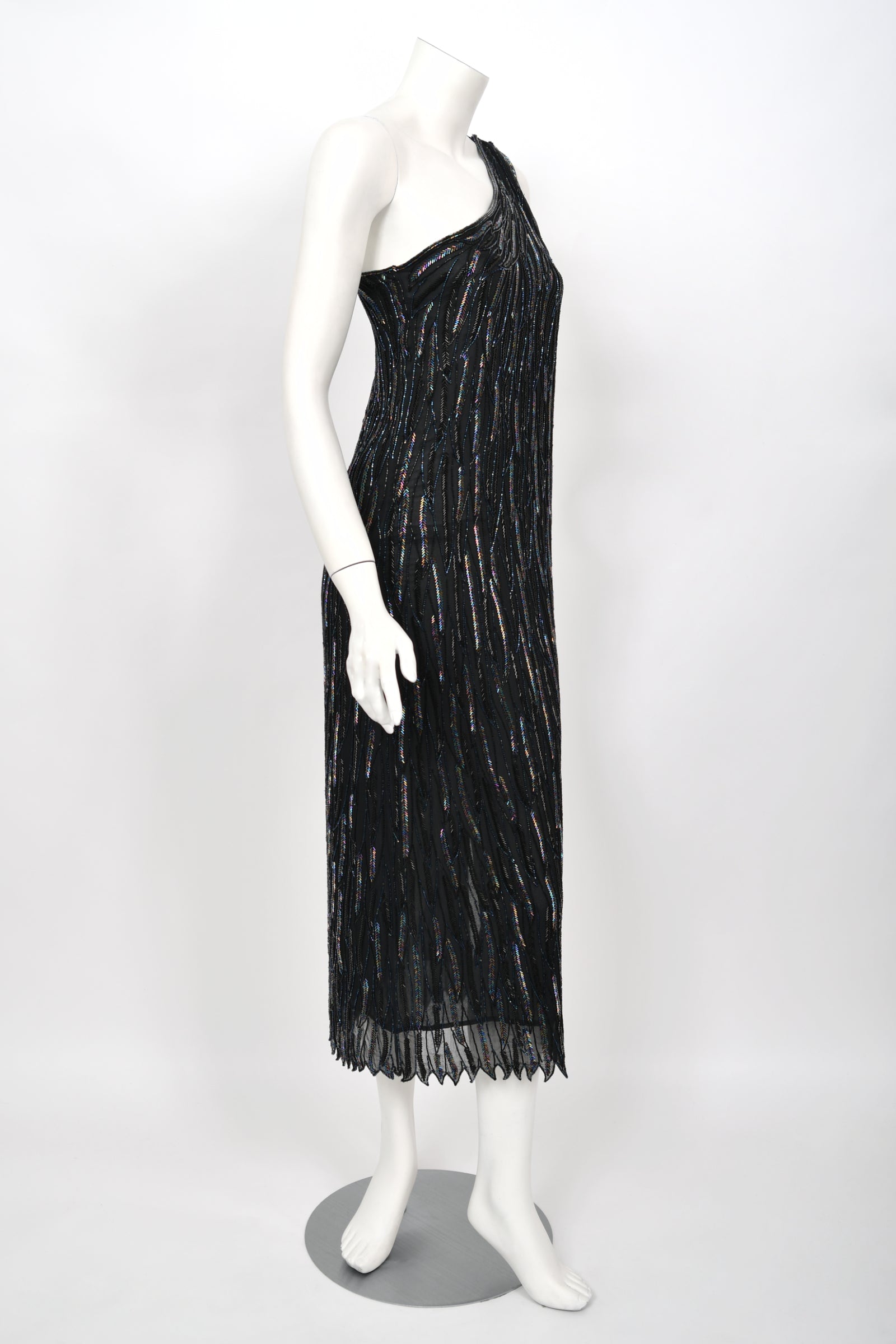 1970's Halston Couture Iridescent Beaded Black Silk One-Shoulder Dress
