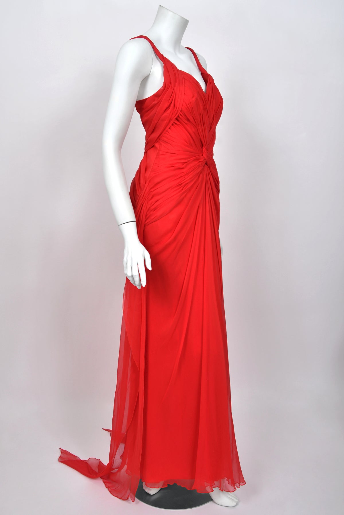 2007 Emanuel Ungaro Lipstick Red Heavily Ruched Silk Chiffon Trained Hourglass Gown