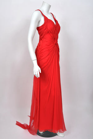 2007 Emanuel Ungaro Lipstick Red Heavily Ruched Silk Chiffon Trained Hourglass Gown