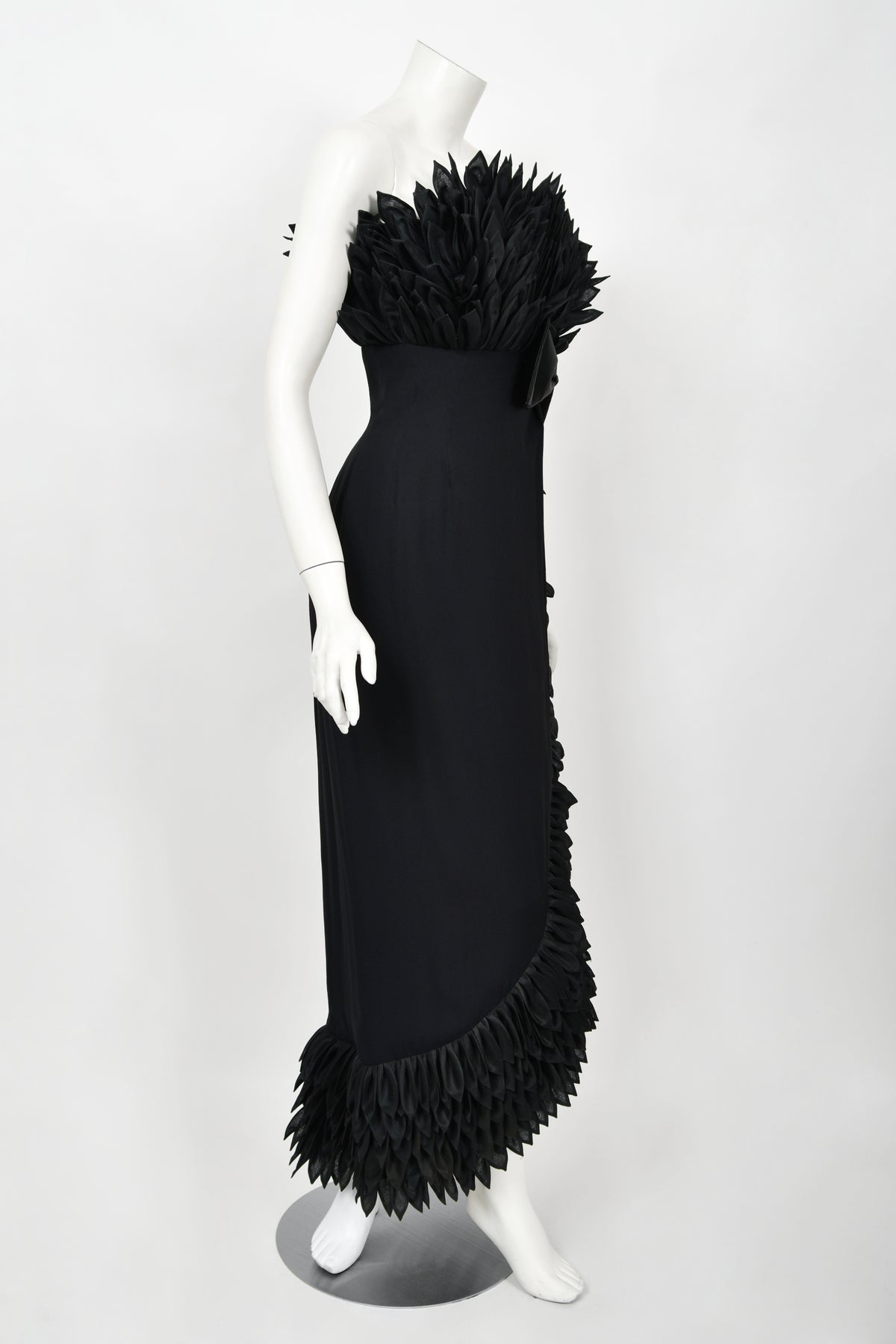 1959 Hall Ludlow Couture Museum-Held Black Silk Appliquéd Petals Hourglass Gown