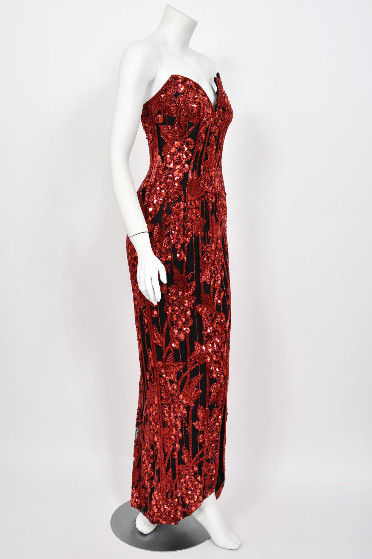 1990 Bob Mackie Red Grapevines Beaded Sequin Silk Strapless Hourglass Slit Gown