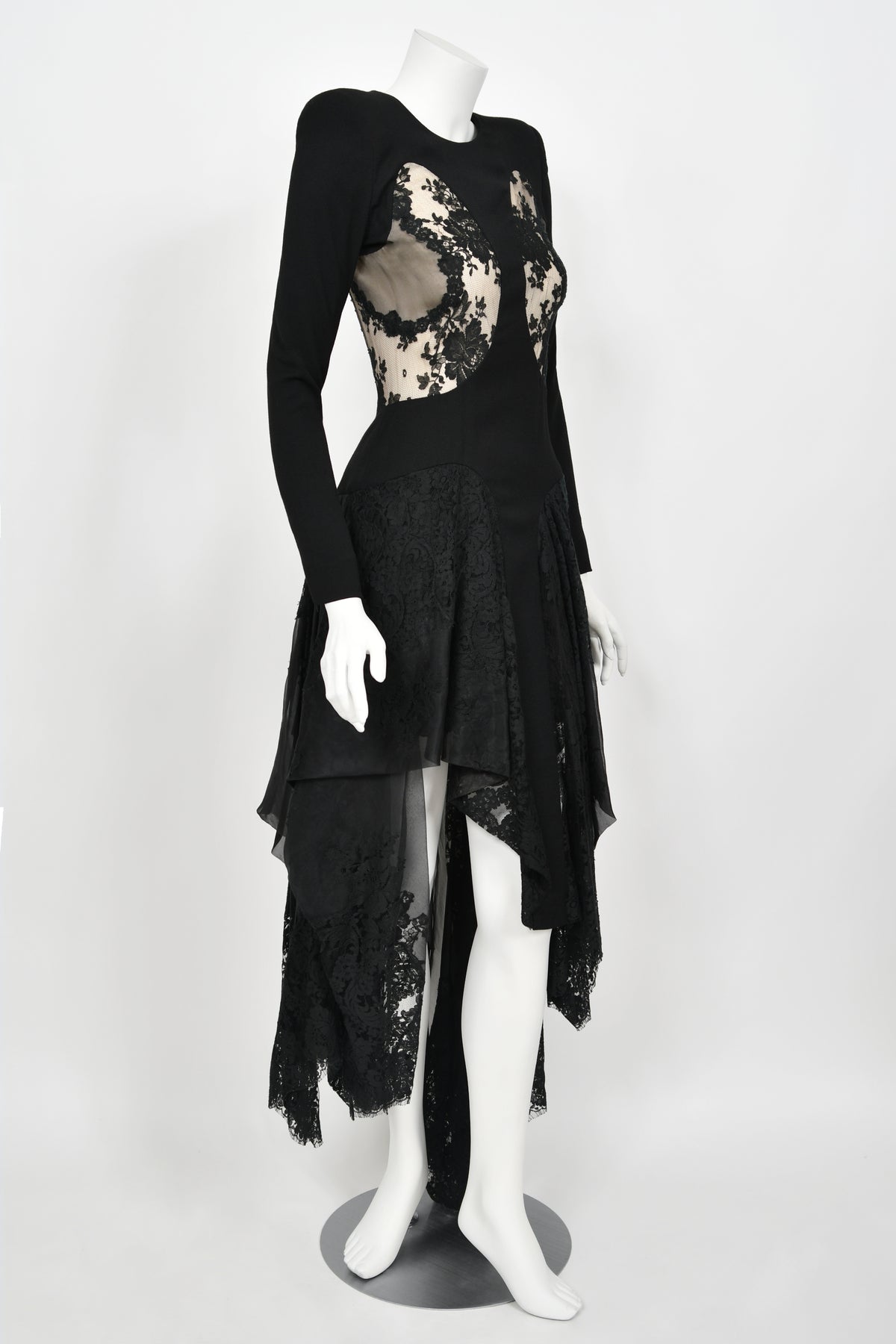 2010 Alexander McQueen Lifetime Black Crepe &amp; Sheer Illusion Lace High-Low Gown