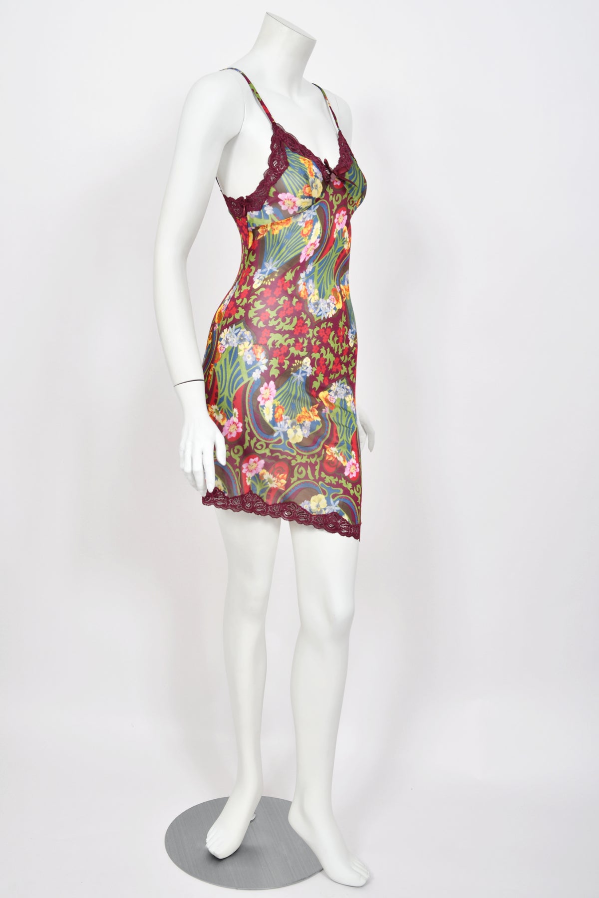 2005 Christian Dior by John Galliano Burgundy Floral Semi-Sheer Mini Slip Dress w/ Tags
