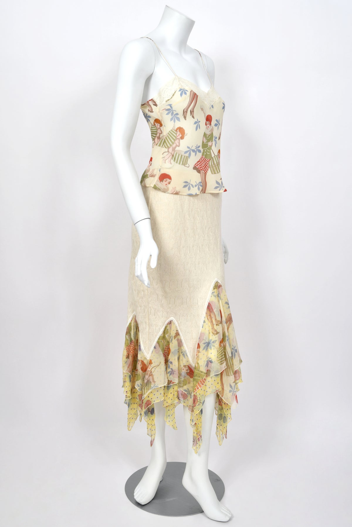 2004 John Galliano 'Cherubs & Flappers' Whimsical Print Silk Camisole & Cashmere Knit Bias-Cut Skirt Set