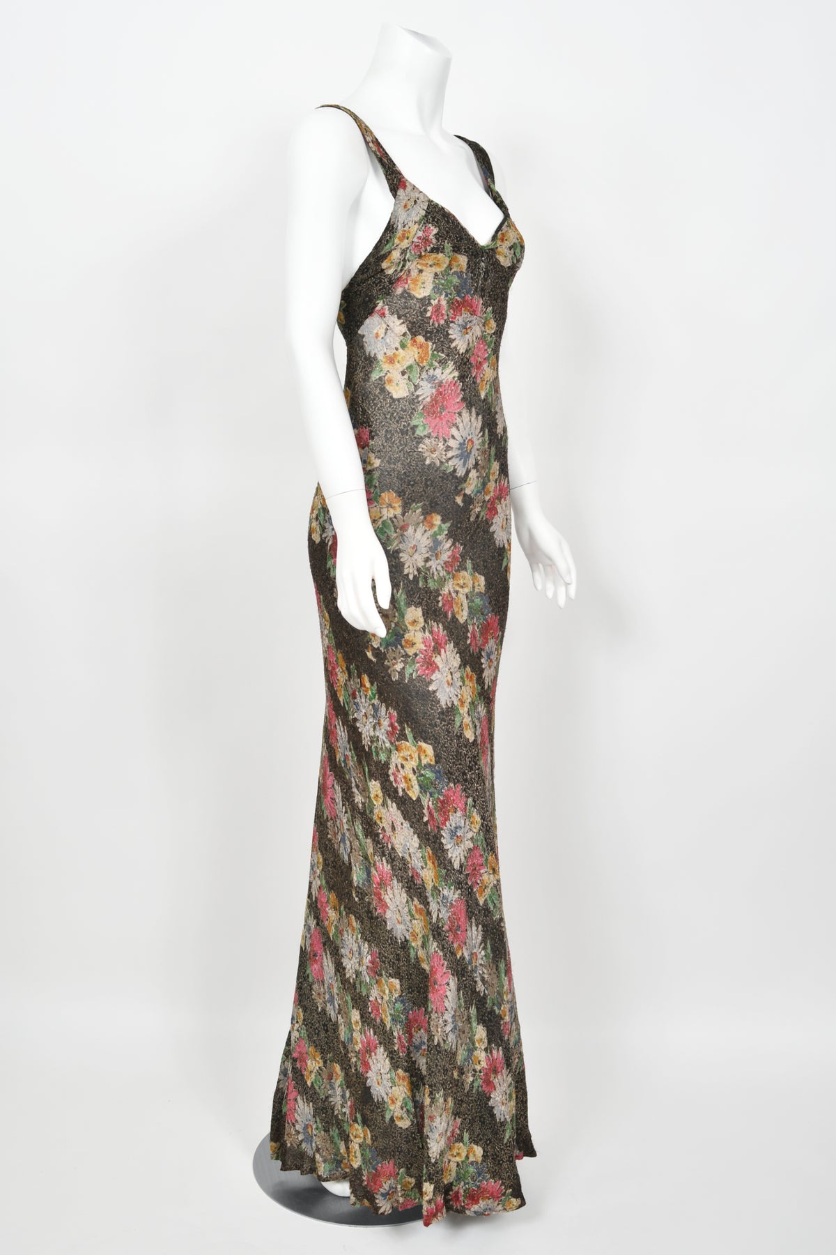 1930&#39;s Colorful Metallic Floral Motif Lamé Cut Out Back Hourglass Bias-Cut Gown