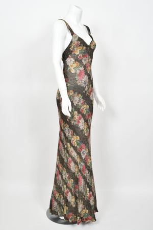 1930's Colorful Metallic Floral Motif Lamé Cut Out Back Hourglass Bias-Cut Gown