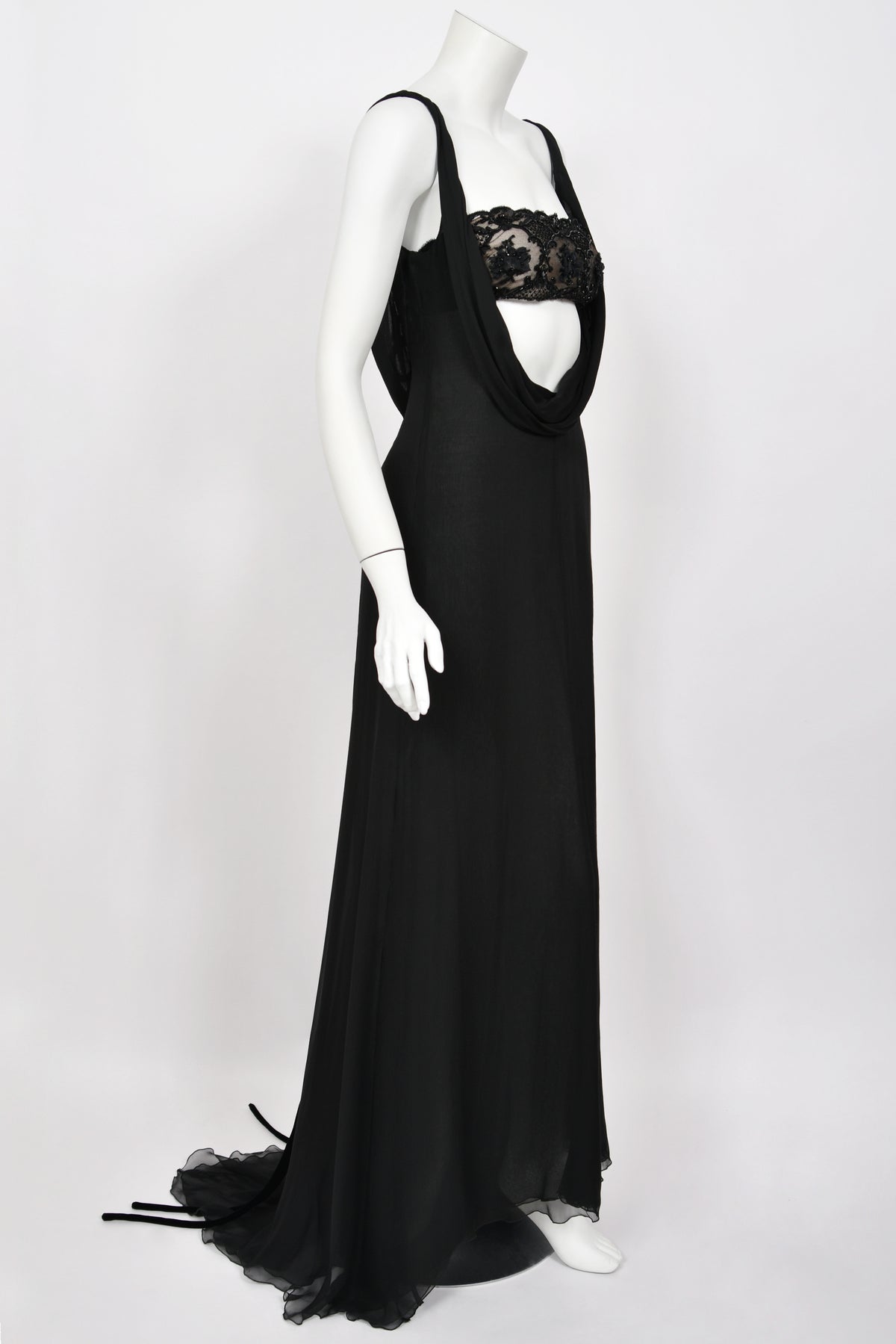 2004 Valentino Runway Beaded Bralette Draped Sheer Silk Cut-Out Gown