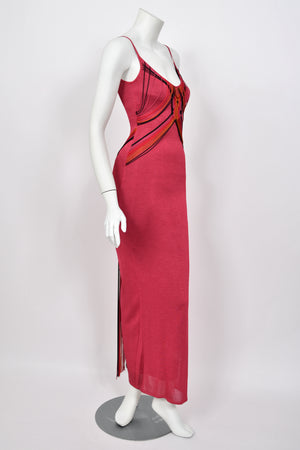 2003 Christian Dior by John Galliano Burgundy Red Stretch-Knit Draped Strings Maxi Dress
