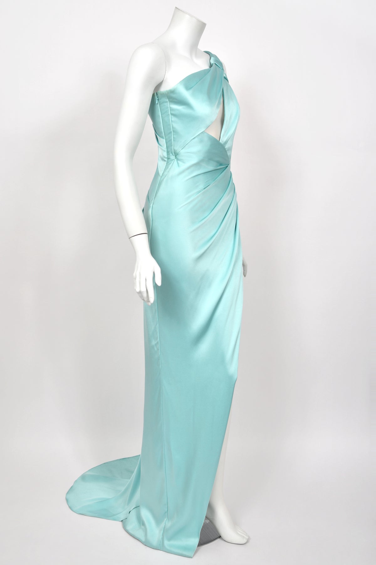 2017 Ralph & Russo Haute Couture Runway Aqua Blue Satin Cut-Out Draped High Slit Gown