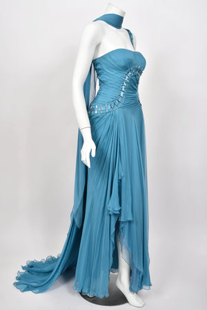 2009 Versace Runway Embellished Blue Silk Chiffon One-Shoulder High Low Gown