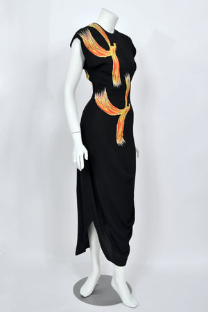 1946 Jourdelle of Hollywood Documented Novelty Firebirds Black Crepe Draped Gown