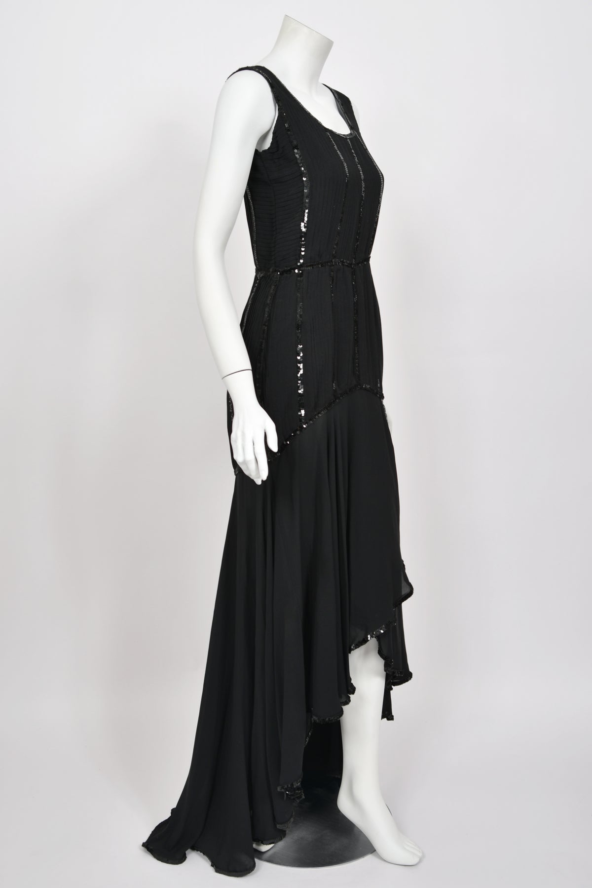 1983 Chanel by Karl Lagerfeld Sequin Pleated Black Silk Crepe High-Low Gown w/ Matching Jacket