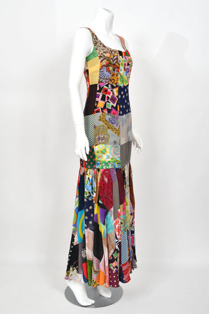 1993 Dolce & Gabbana Documented Colorful Patchwork Silk Hourglass Flounce Gown