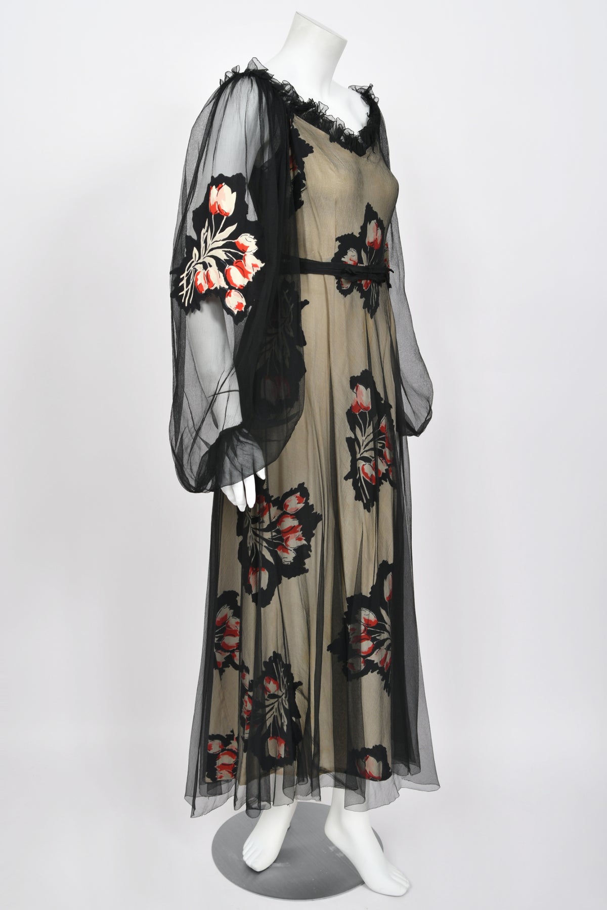 1936 Ginger Rodgers for Lettie Lee ‘Old Hollywood’ Floral Silk Appliqué Billow Sleeve Dress