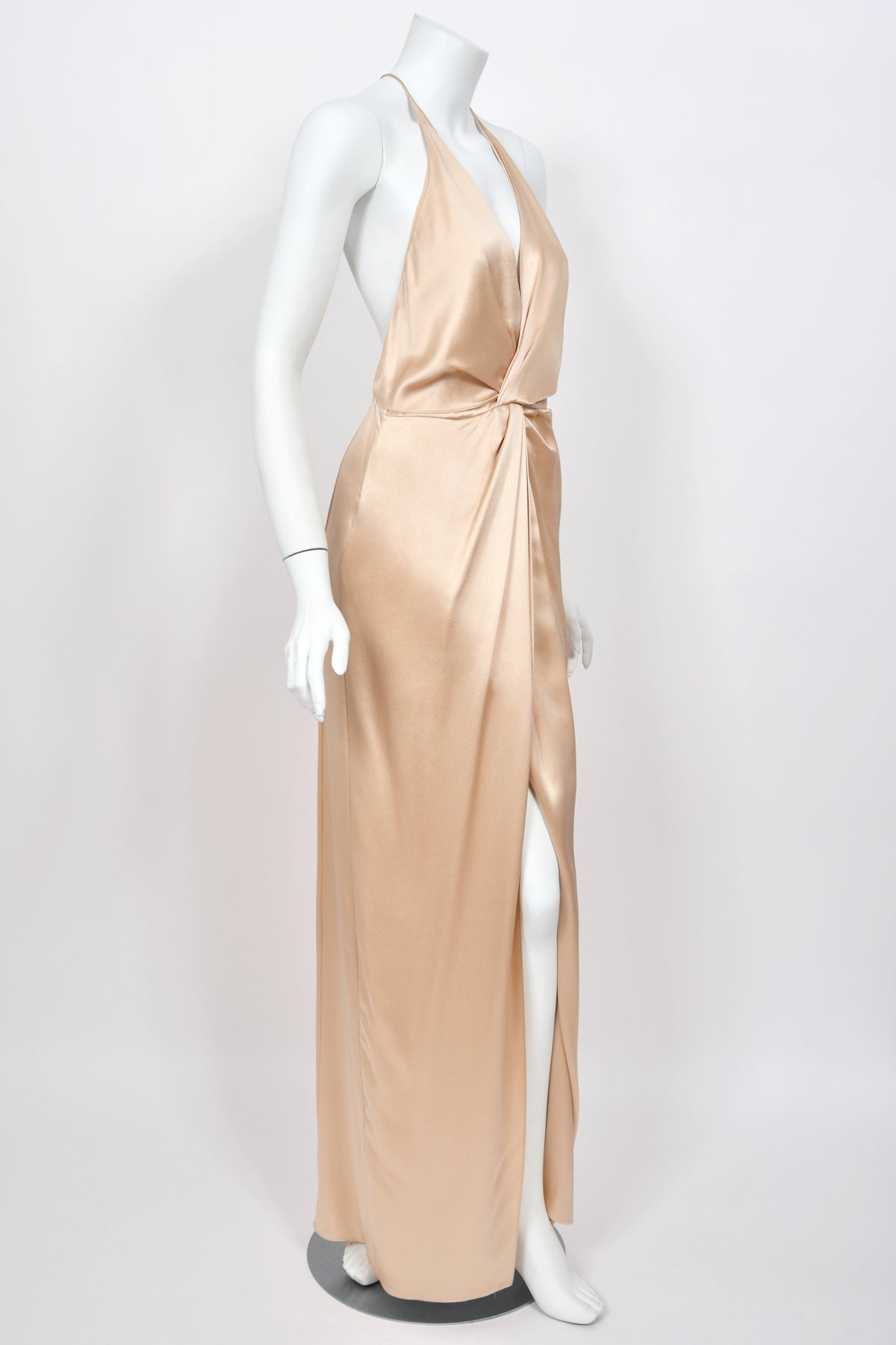 2011 Gucci Resort Collection Champagne Silk Draped Low-Plunge High Slit Maxi Slip Dress