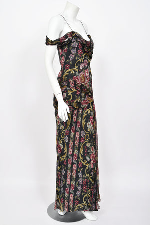 2004 John Galliano Needlepoint Floral Print Silk Bias-Cut Gown w/ Matching Scarf