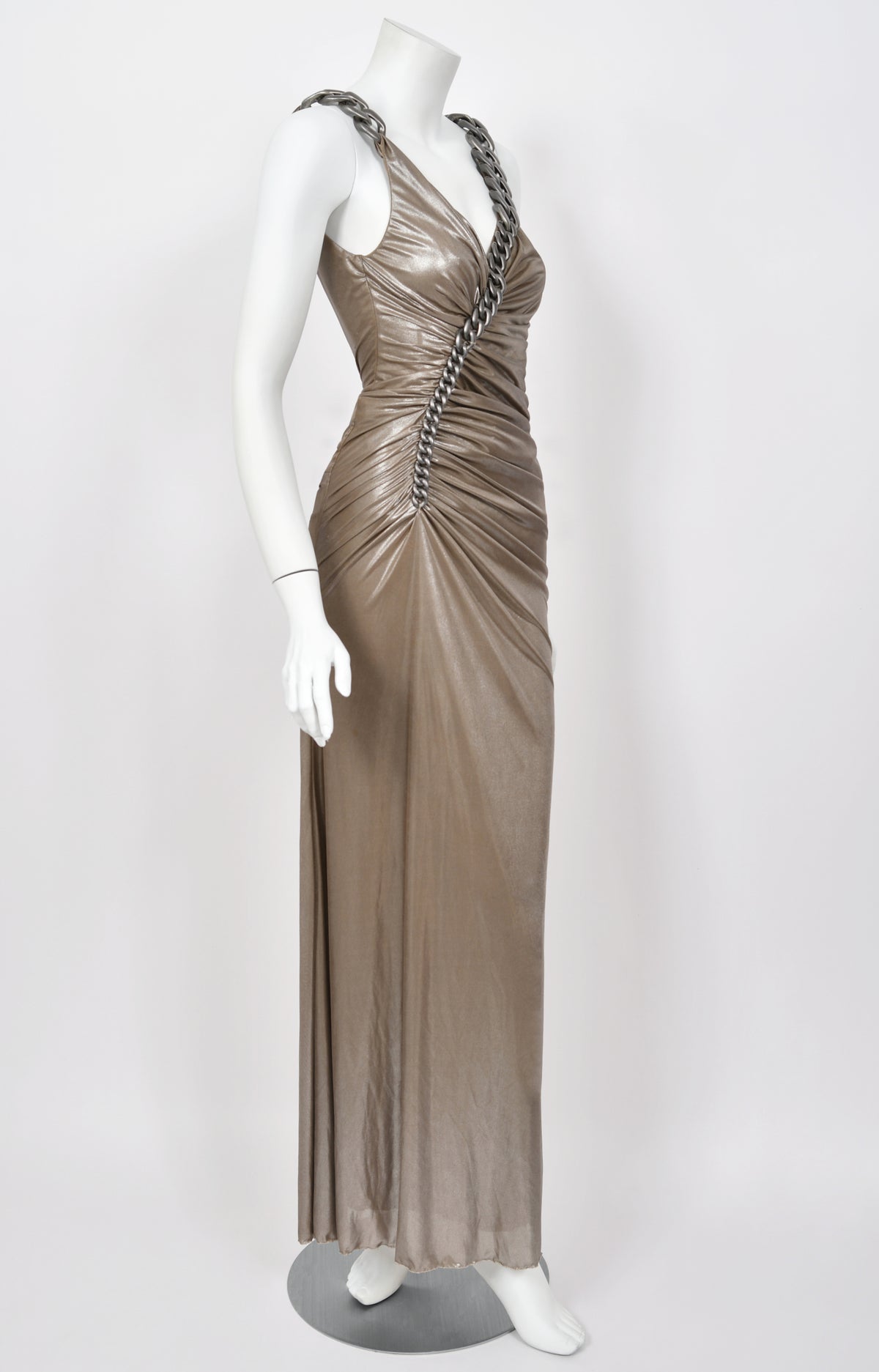 2007 Versace Smokey Metallic Stretch Silk Chain Straps Hourglass Gown