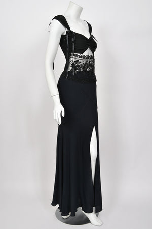 2004 Valentino Runway Black Silk Beaded Sheer Cut-Out Blouse & Bias-Cut Skirt Set