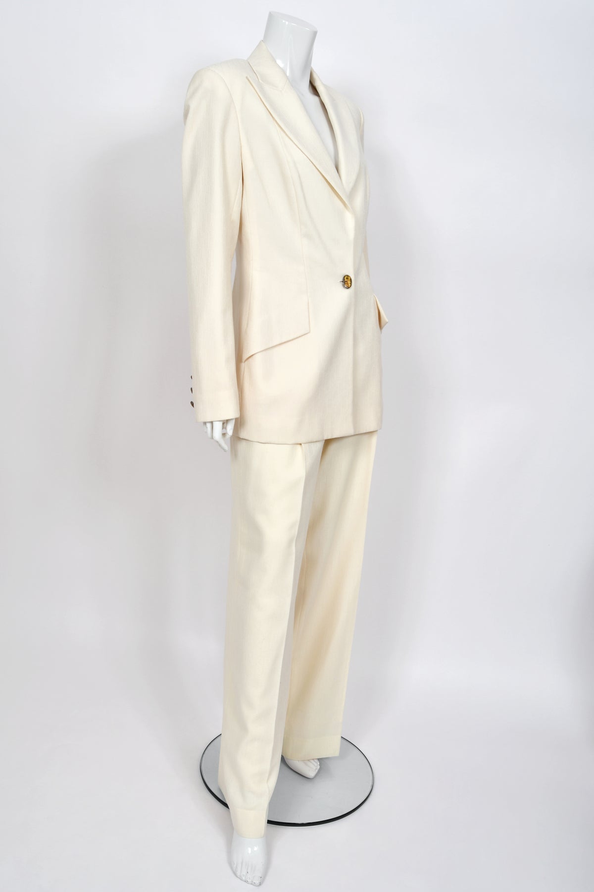 1999 Christian Dior by John Galliano Ivory Logo-Print Silk Enamel Buttons Pantsuit