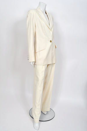 1999 Christian Dior by John Galliano Ivory Logo-Print Silk Enamel Buttons Pantsuit