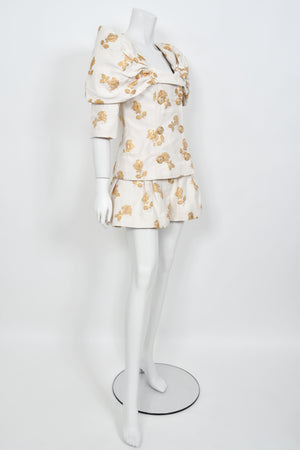 2013 Chanel by Karl Lagerfeld Documented Metallic Gold & Ivory Silk Brocade Jacket w/ Shorts