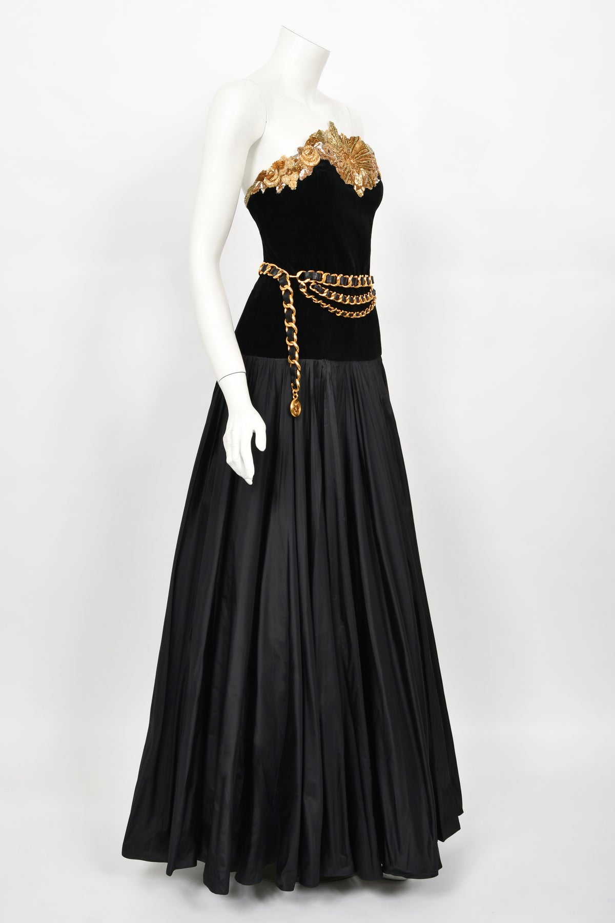 1985 Chanel Documented Runway Metallic Beaded Gold Lamé &amp; Black Silk Strapless Gown
