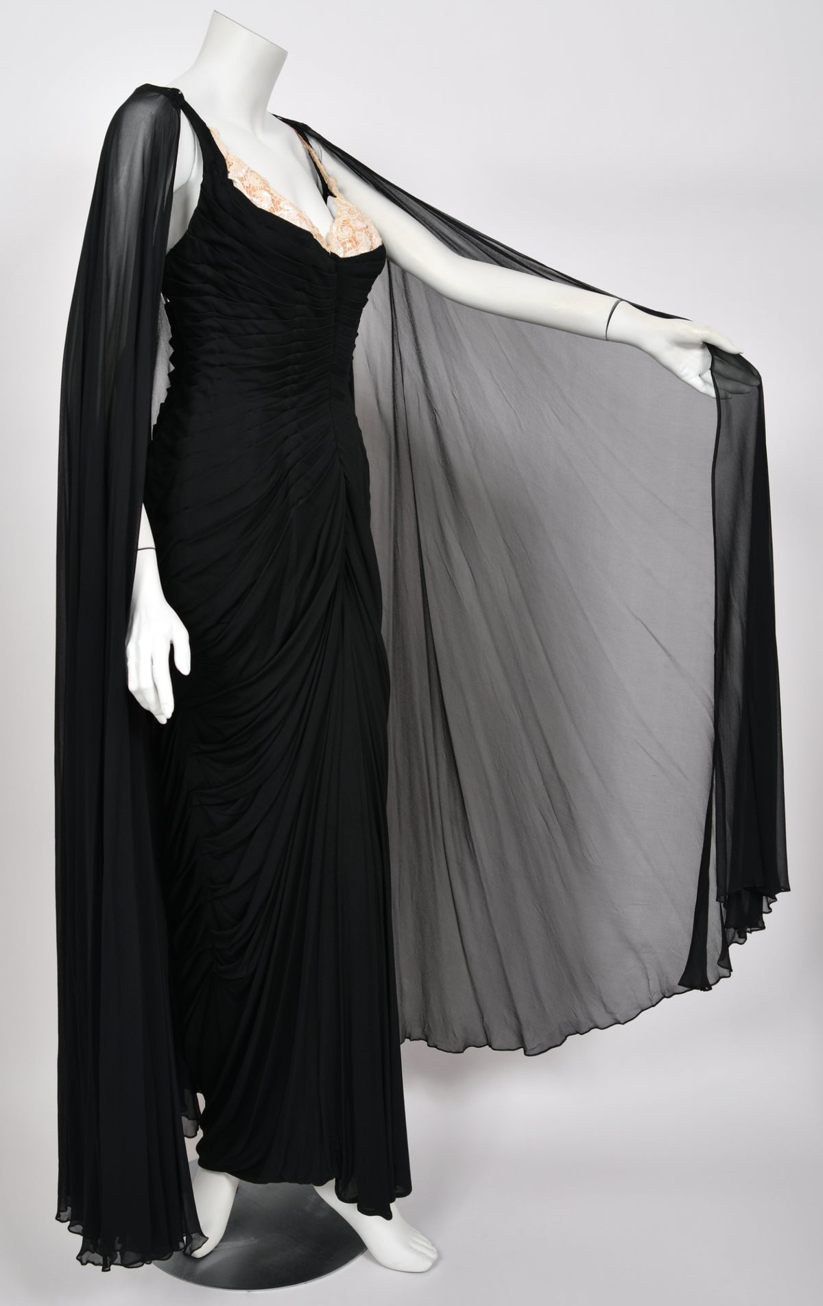1964 Yma Sumac Documented Custom Couture Ruched Black Silk Hourglass Gown w/ Cape