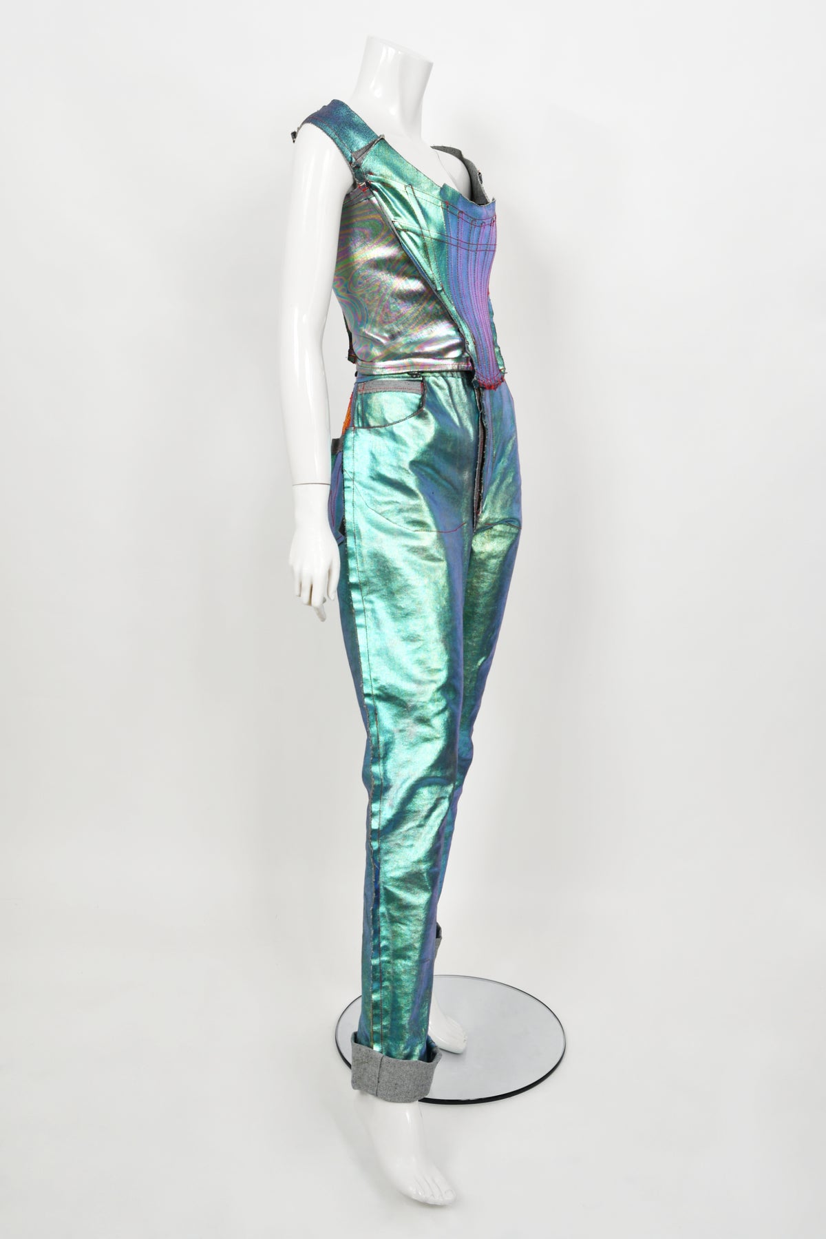 1993 Vivienne Westwood Runway Metallic Denim Corset Bustier Top &amp; Pants
