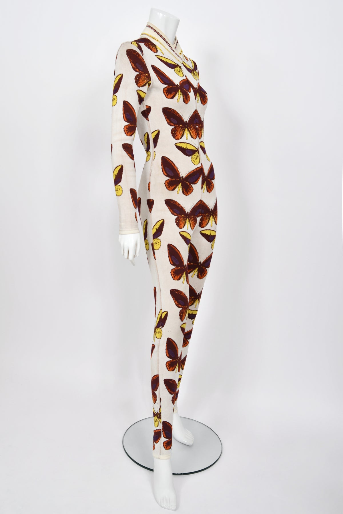 1991 Azzedine Alaïa Iconic Runway Butterfly Print Ivory Stretch Knit Bodycon Catsuit