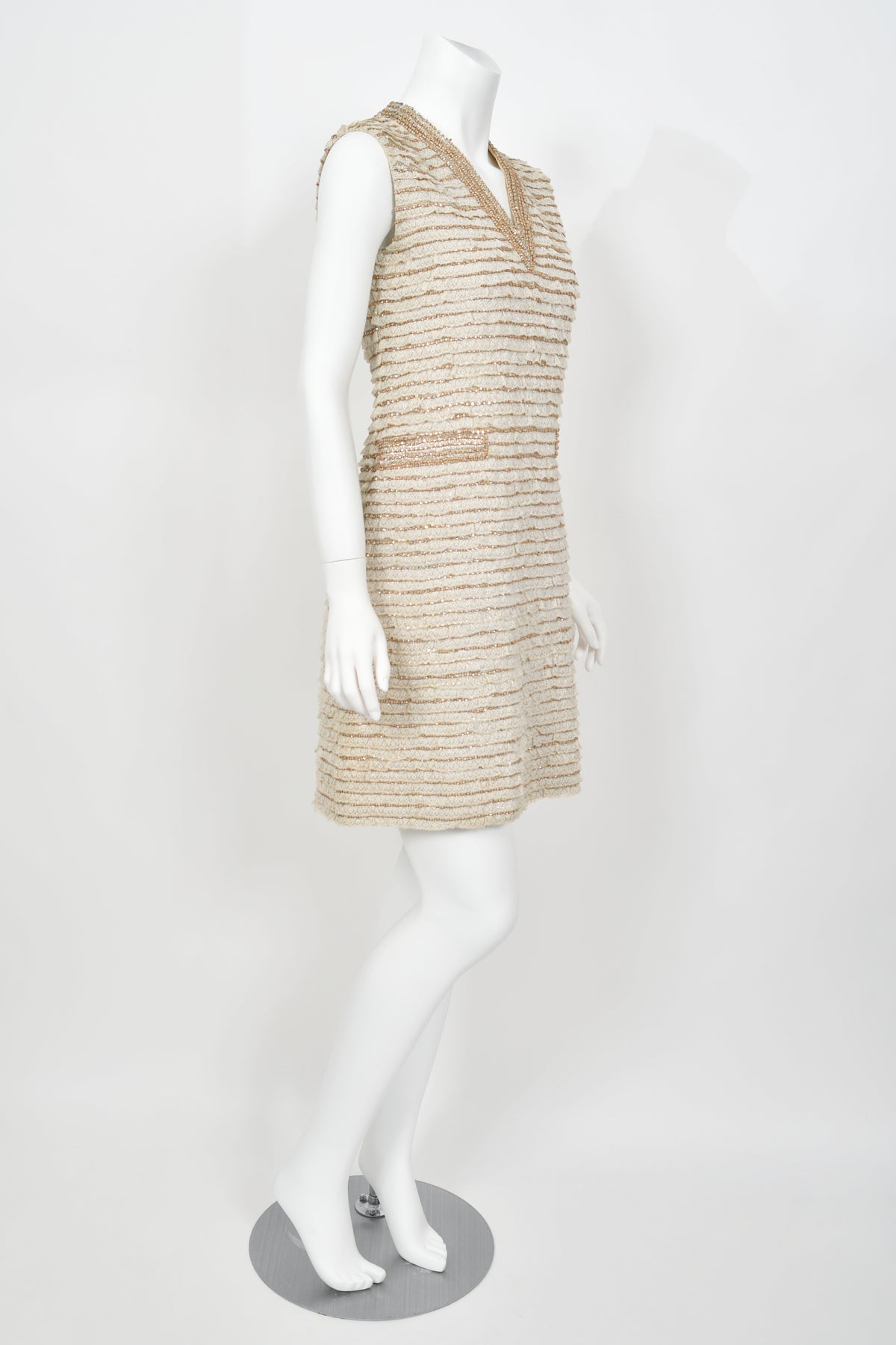 1965 Valentino Haute Couture Museum-Held Beaded Lamé Ivory Lace Mod Shift Dress