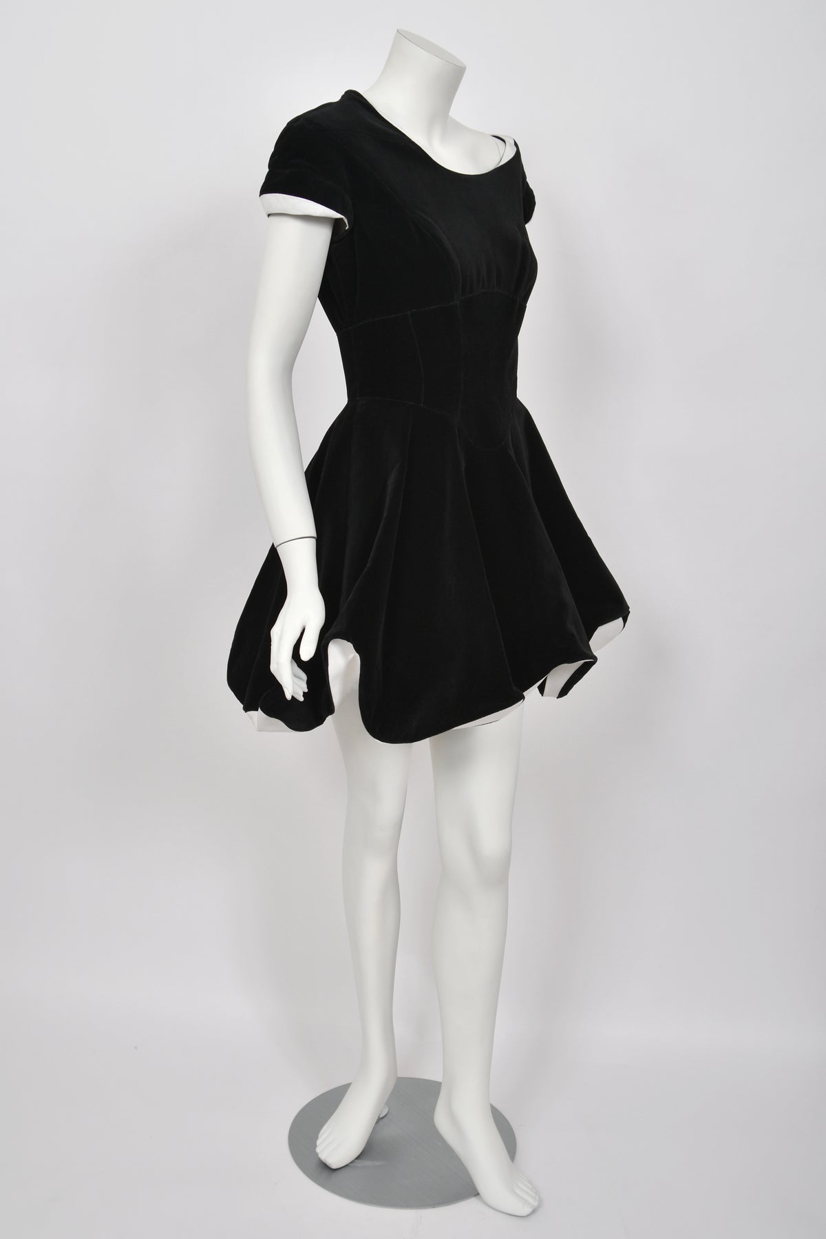 1996 Thierry Mugler Black Velvet &amp; White Silk Sculpted Futuristic Mini Dress