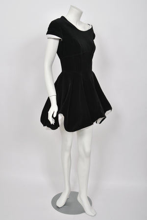 1996 Thierry Mugler Black Velvet & White Silk Sculpted Futuristic Mini Dress