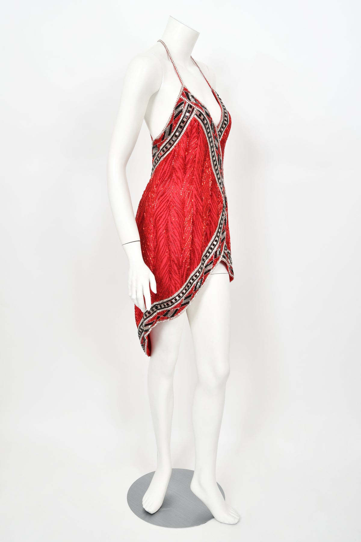 1984 Bob Mackie Documented Fully Beaded Red Silk High Low Micro-Mini Dress