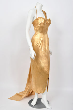 1950's Yma Sumac Custom Couture Old Hollywood Metallic Gold Hourglass Trained Dress