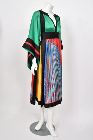 1977 Ungaro Haute Couture Runway Colorful Silk Kimono-Sleeve Tunic Blouse & Skirt Ensemble