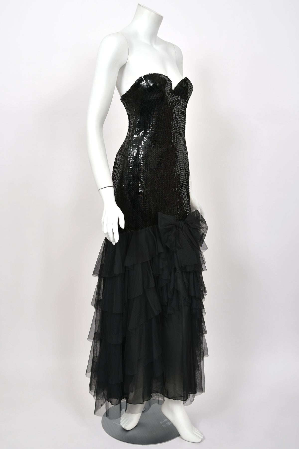 1978 Loris Azzaro Couture Black Sequin Strapless Tiered-Ruffle Gown & Sheer Capelet